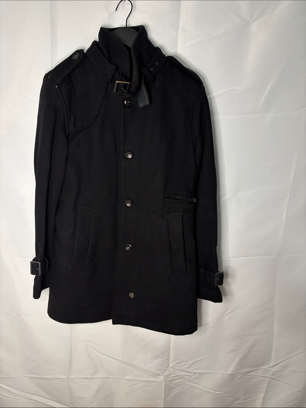 G-Star Black Trench Coat with Stand Collar & Buckle Accents